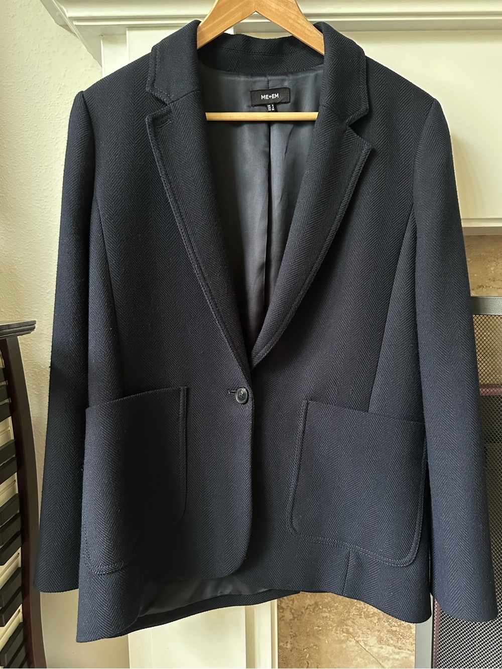 ME + EM Herringbone Boyfriend Blazer in Navy, Sz 4